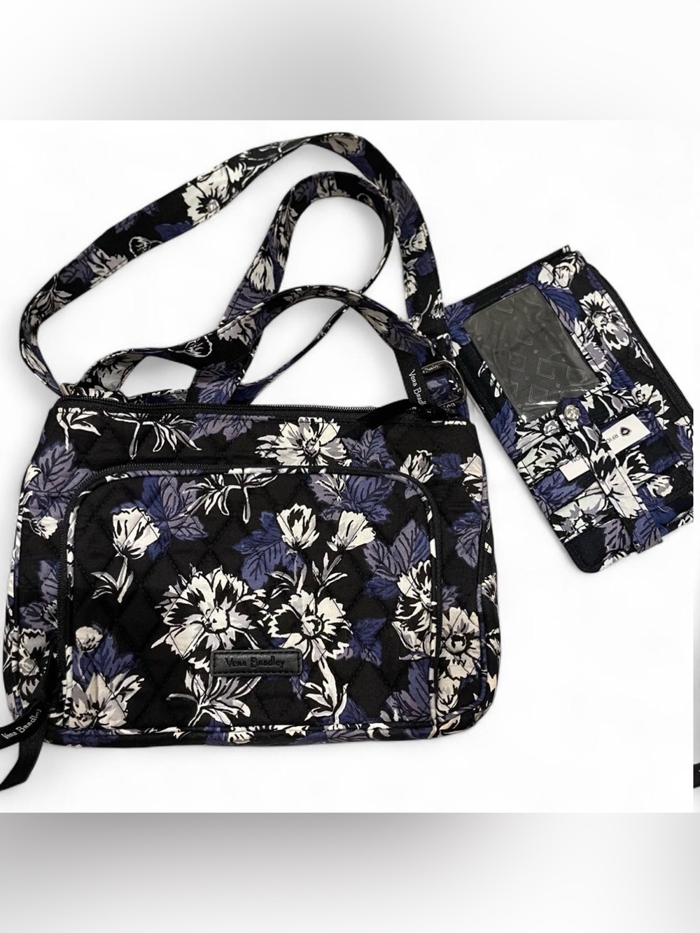 Vera Bradley Black, Ivory & Purple Floral Quilted Crossbody with Card Wallet